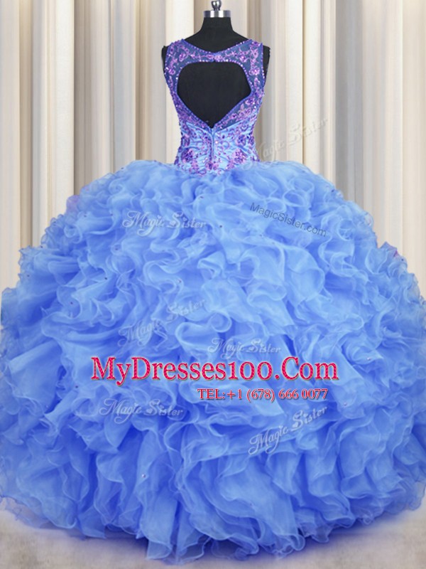V Neck Sleeveless Beading and Appliques and Ruffles Zipper Sweet 16 Quinceanera Dress