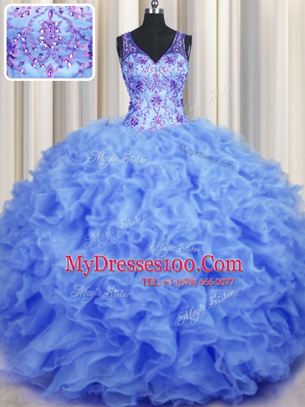 V Neck Sleeveless Beading and Appliques and Ruffles Zipper Sweet 16 Quinceanera Dress