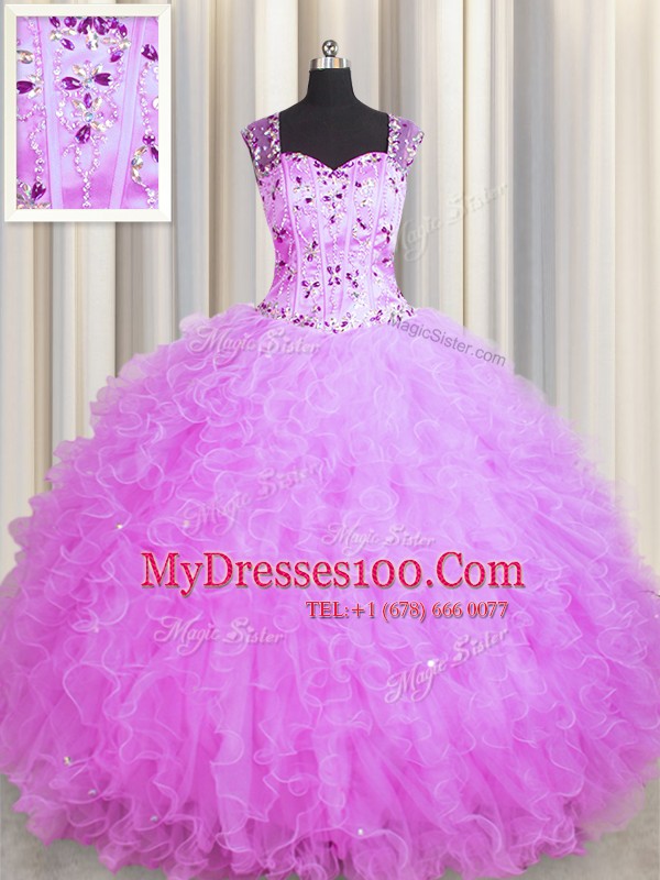 Dazzling See Through Zipper Up Floor Length Ball Gowns Sleeveless Lilac 15th Birthday Dress Zipper