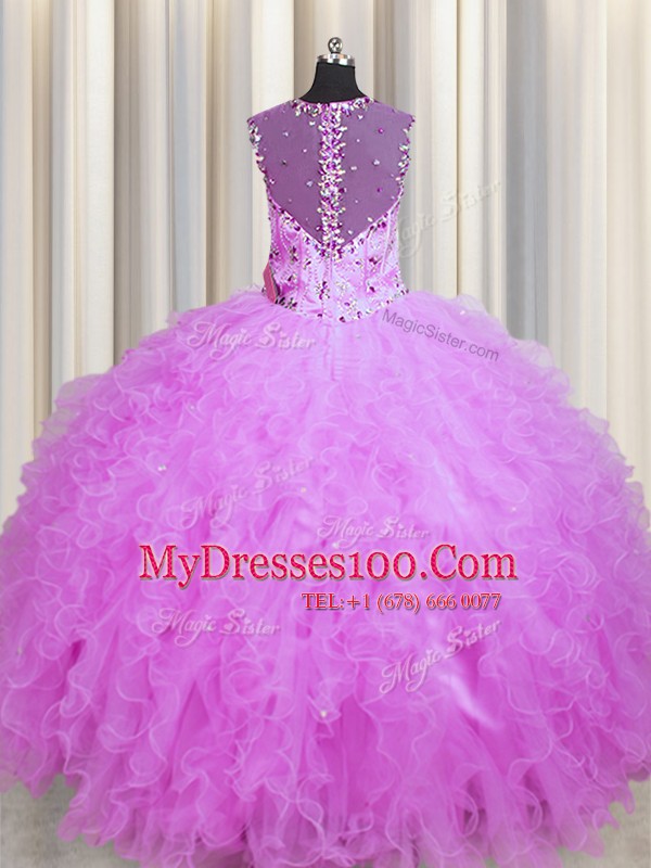 Dazzling See Through Zipper Up Floor Length Ball Gowns Sleeveless Lilac 15th Birthday Dress Zipper