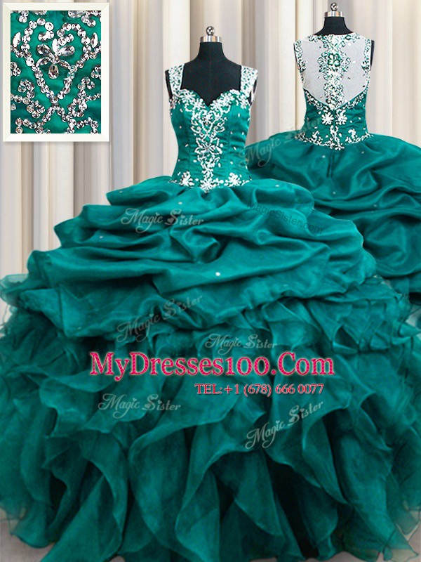 Glittering Straps Sleeveless 15th Birthday Dress Floor Length Beading and Ruffles and Pick Ups Teal Organza
