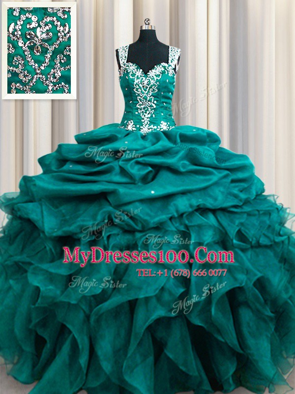 Glittering Straps Sleeveless 15th Birthday Dress Floor Length Beading and Ruffles and Pick Ups Teal Organza