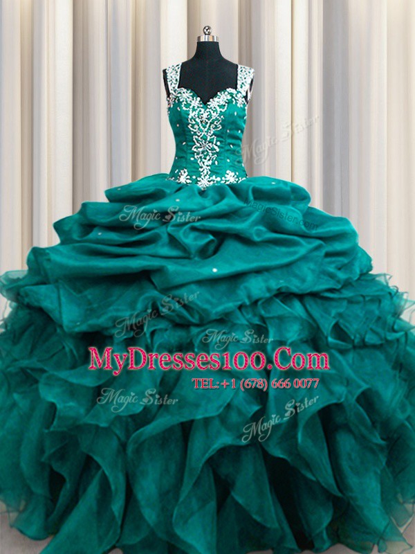 Glittering Straps Sleeveless 15th Birthday Dress Floor Length Beading and Ruffles and Pick Ups Teal Organza
