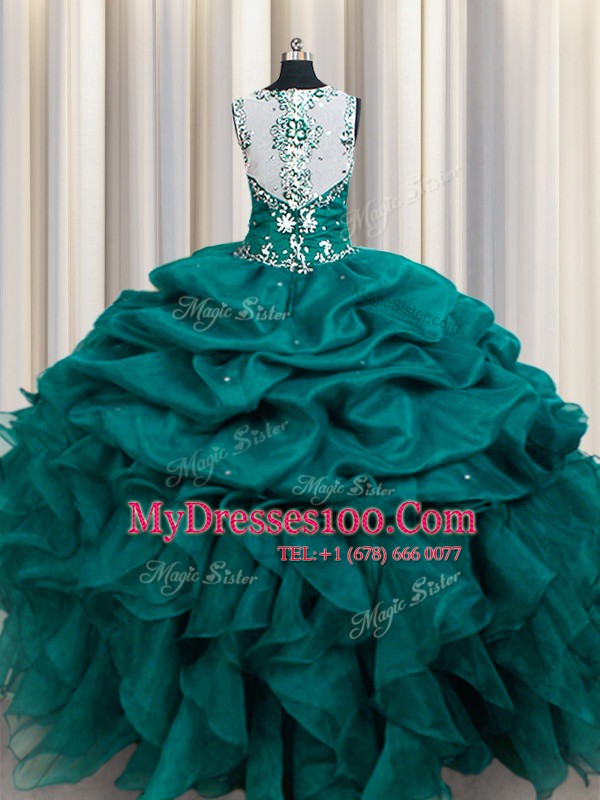 Glittering Straps Sleeveless 15th Birthday Dress Floor Length Beading and Ruffles and Pick Ups Teal Organza