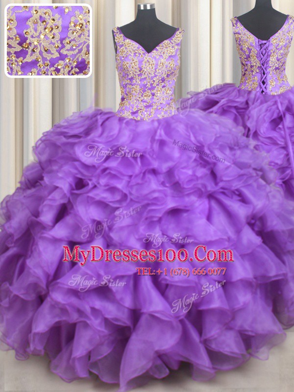 Sweetheart Sleeveless Lace Up Quinceanera Gown Purple Organza