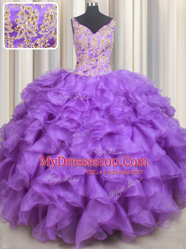 Sweetheart Sleeveless Lace Up Quinceanera Gown Purple Organza