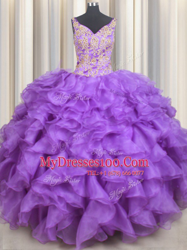 Sweetheart Sleeveless Lace Up Quinceanera Gown Purple Organza
