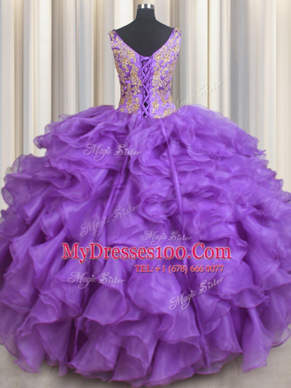Sweetheart Sleeveless Lace Up Quinceanera Gown Purple Organza
