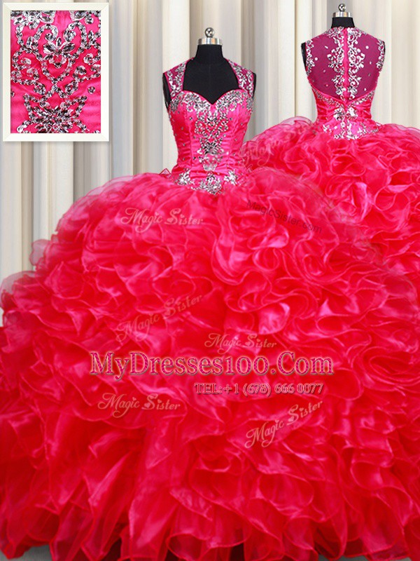 Straps Floor Length Zipper 15th Birthday Dress Red for Military Ball and Sweet 16 and Quinceanera with Beading and Ruffles