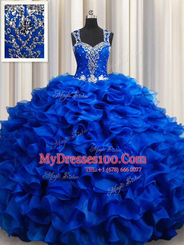 Luxury Royal Blue Lace Up Straps Beading and Appliques and Ruffles Sweet 16 Dress Organza Sleeveless