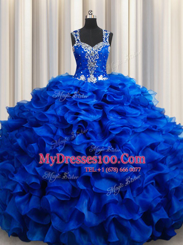 Luxury Royal Blue Lace Up Straps Beading and Appliques and Ruffles Sweet 16 Dress Organza Sleeveless