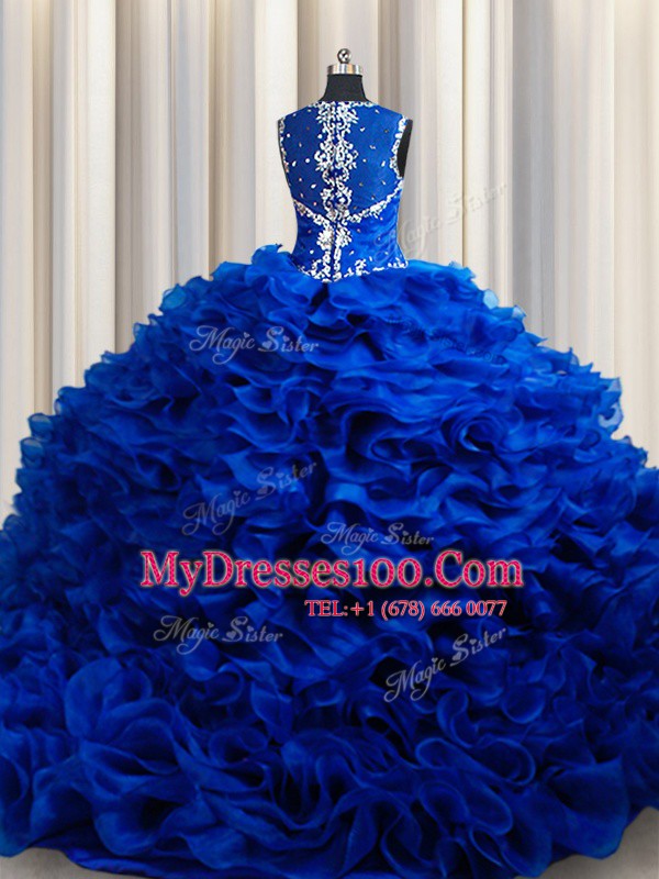 Luxury Royal Blue Lace Up Straps Beading and Appliques and Ruffles Sweet 16 Dress Organza Sleeveless