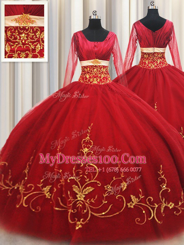 Most Popular Square Long Sleeves Floor Length Beading and Embroidery Zipper Vestidos de Quinceanera with Red