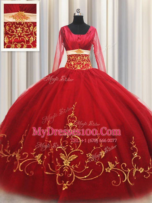 Most Popular Square Long Sleeves Floor Length Beading and Embroidery Zipper Vestidos de Quinceanera with Red