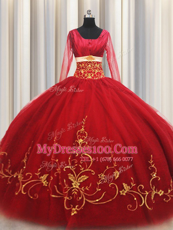 Most Popular Square Long Sleeves Floor Length Beading and Embroidery Zipper Vestidos de Quinceanera with Red