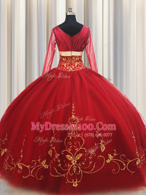 Most Popular Square Long Sleeves Floor Length Beading and Embroidery Zipper Vestidos de Quinceanera with Red