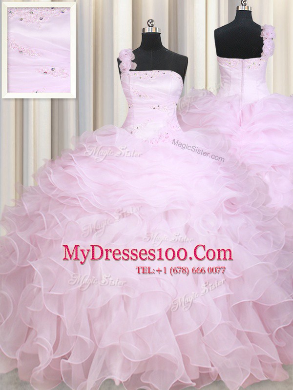 Baby Pink Ball Gowns One Shoulder Sleeveless Organza Floor Length Zipper Beading and Ruffles Vestidos de Quinceanera