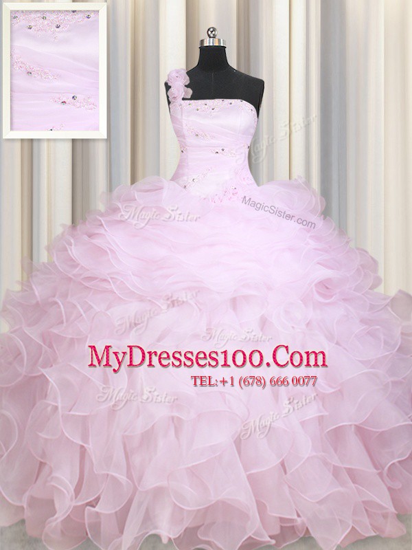 Baby Pink Ball Gowns One Shoulder Sleeveless Organza Floor Length Zipper Beading and Ruffles Vestidos de Quinceanera