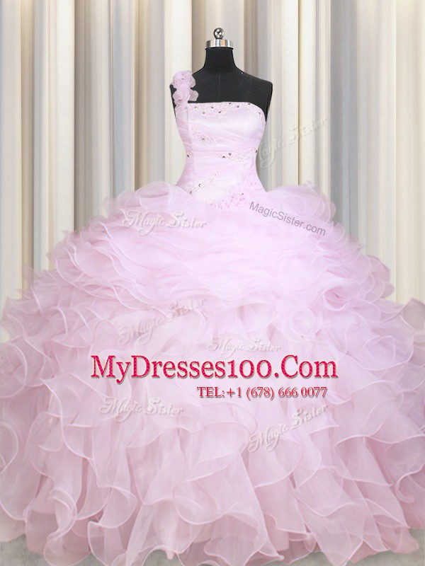 Baby Pink Ball Gowns One Shoulder Sleeveless Organza Floor Length Zipper Beading and Ruffles Vestidos de Quinceanera