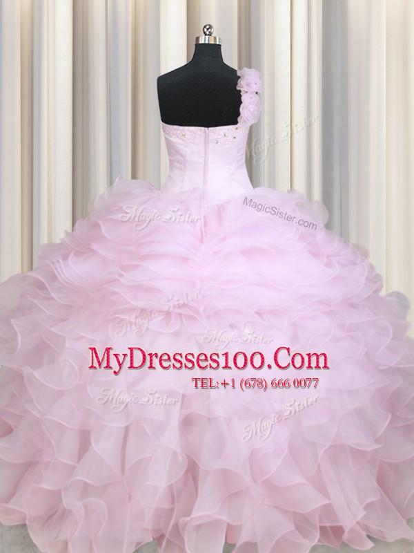 Baby Pink Ball Gowns One Shoulder Sleeveless Organza Floor Length Zipper Beading and Ruffles Vestidos de Quinceanera
