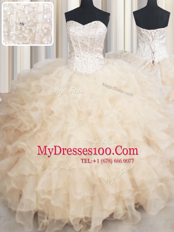 Flirting Champagne Ball Gowns Sweetheart Sleeveless Organza Floor Length Lace Up Beading and Ruffles Quinceanera Dresses
