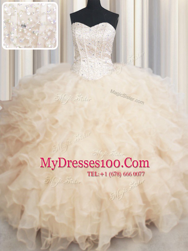 Flirting Champagne Ball Gowns Sweetheart Sleeveless Organza Floor Length Lace Up Beading and Ruffles Quinceanera Dresses