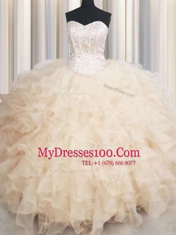 Flirting Champagne Ball Gowns Sweetheart Sleeveless Organza Floor Length Lace Up Beading and Ruffles Quinceanera Dresses