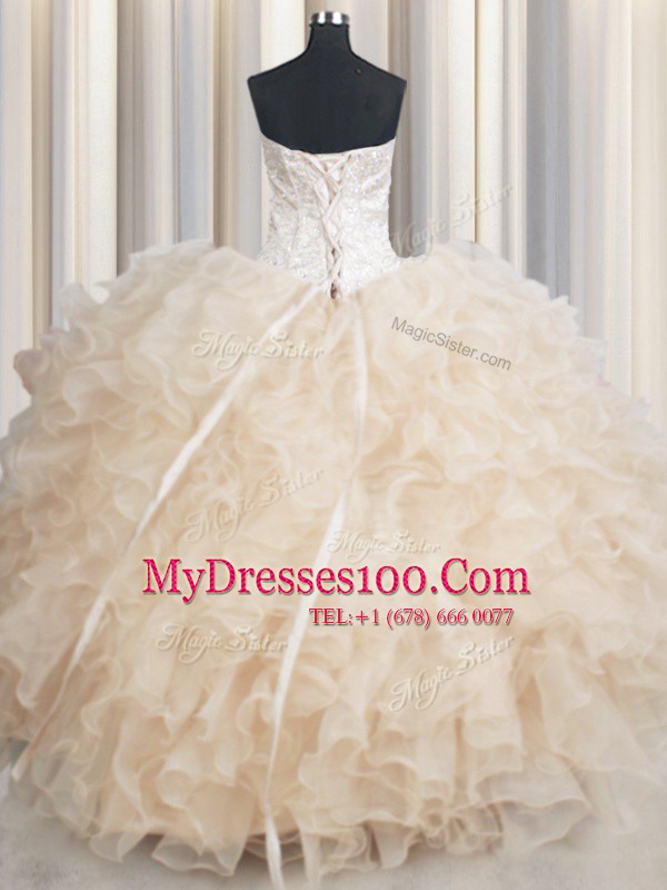 Flirting Champagne Ball Gowns Sweetheart Sleeveless Organza Floor Length Lace Up Beading and Ruffles Quinceanera Dresses