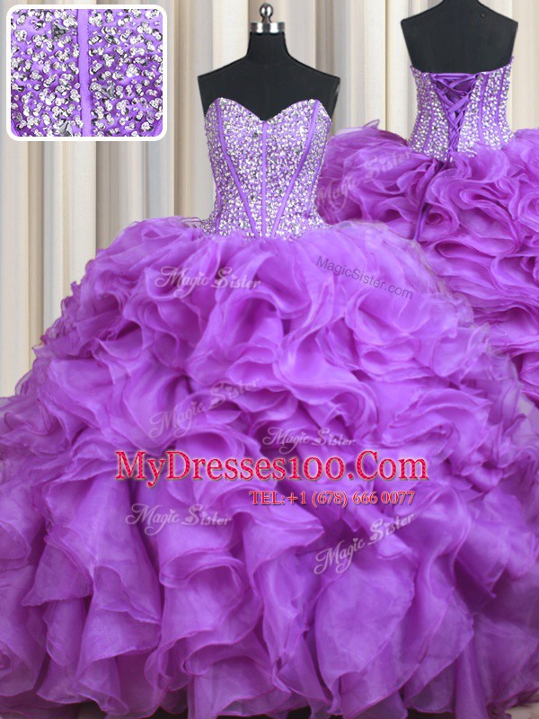 Lilac Ball Gowns Organza Sweetheart Sleeveless Beading and Ruffles Lace Up Quinceanera Gown Sweep Train