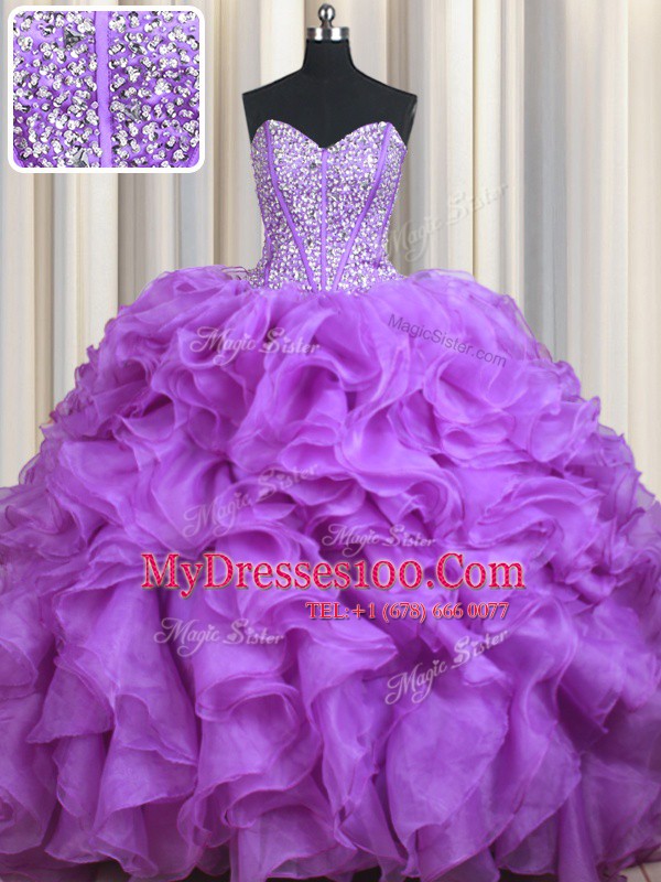 Lilac Ball Gowns Organza Sweetheart Sleeveless Beading and Ruffles Lace Up Quinceanera Gown Sweep Train