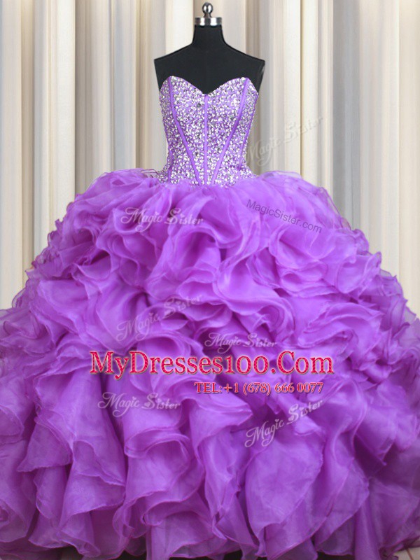 Lilac Ball Gowns Organza Sweetheart Sleeveless Beading and Ruffles Lace Up Quinceanera Gown Sweep Train