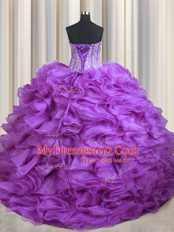 Lilac Ball Gowns Organza Sweetheart Sleeveless Beading and Ruffles Lace Up Quinceanera Gown Sweep Train
