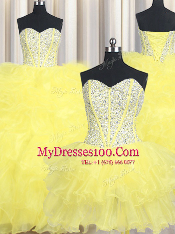 Best Three Piece Yellow Sweetheart Neckline Beading and Ruffles Quinceanera Dress Sleeveless Lace Up