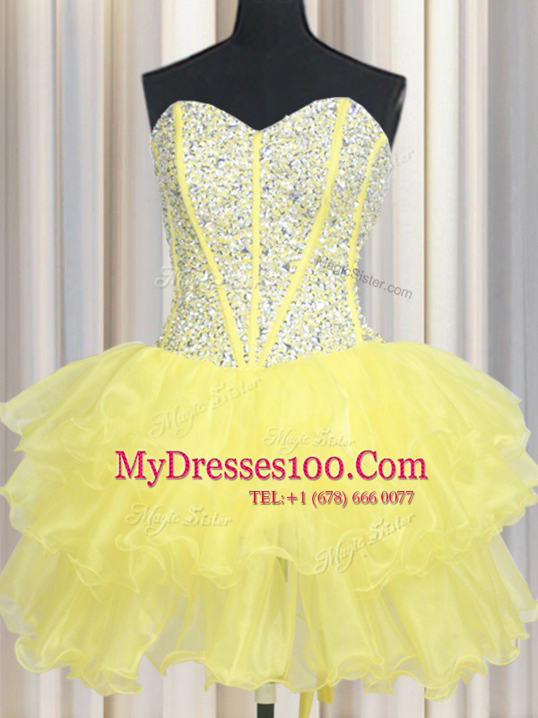 Best Three Piece Yellow Sweetheart Neckline Beading and Ruffles Quinceanera Dress Sleeveless Lace Up