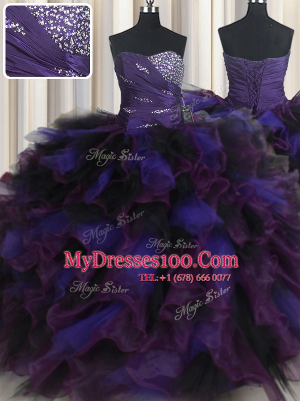 Multi-color Lace Up Sweetheart Beading and Ruffles Quinceanera Dresses Tulle Sleeveless