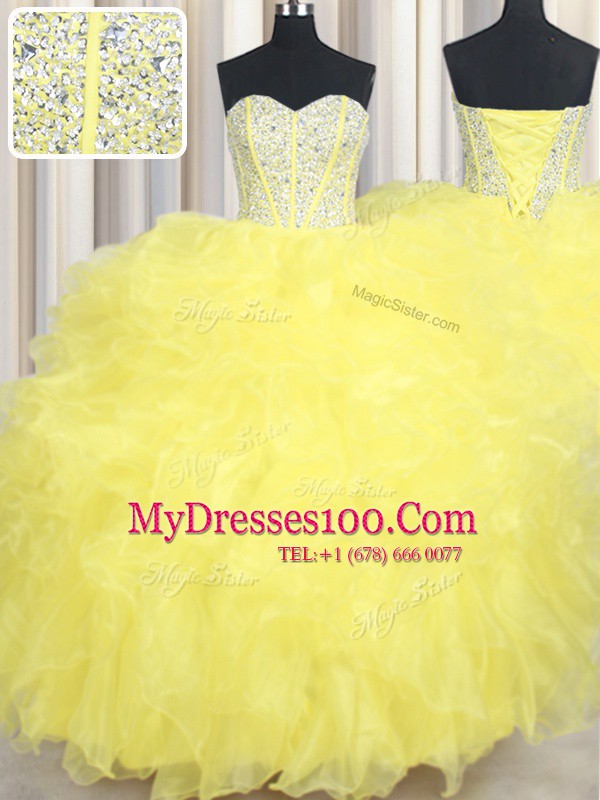 Sleeveless Floor Length Beading and Ruffles Lace Up 15th Birthday Dress with Yellow