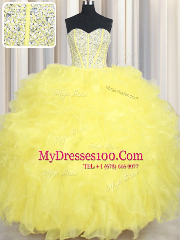 Sleeveless Floor Length Beading and Ruffles Lace Up 15th Birthday Dress with Yellow