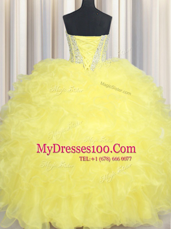 Sleeveless Floor Length Beading and Ruffles Lace Up 15th Birthday Dress with Yellow
