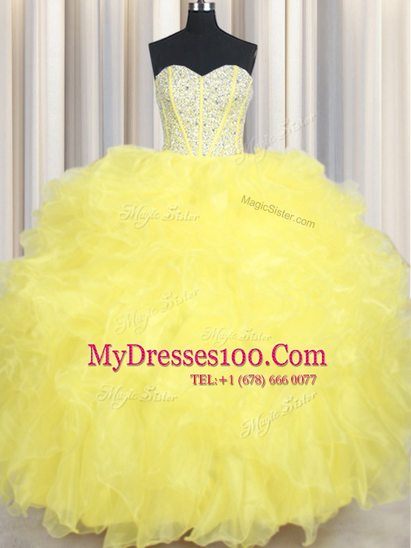 Sleeveless Floor Length Beading and Ruffles Lace Up 15th Birthday Dress with Yellow