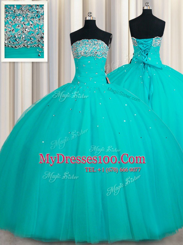 Inexpensive Sequins Ball Gowns 15 Quinceanera Dress Aqua Blue Strapless Tulle Sleeveless Floor Length Lace Up