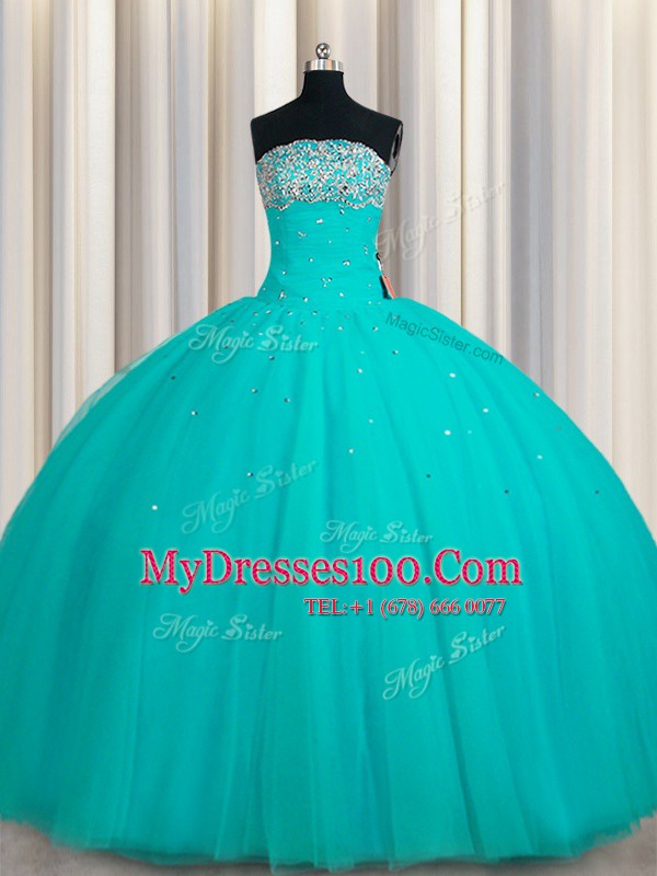 Inexpensive Sequins Ball Gowns 15 Quinceanera Dress Aqua Blue Strapless Tulle Sleeveless Floor Length Lace Up