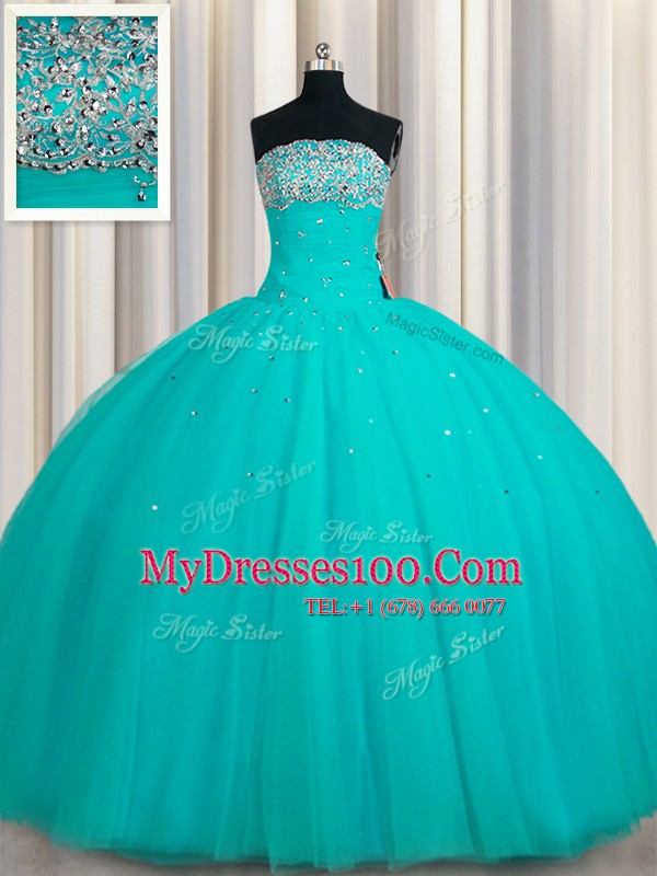 Inexpensive Sequins Ball Gowns 15 Quinceanera Dress Aqua Blue Strapless Tulle Sleeveless Floor Length Lace Up