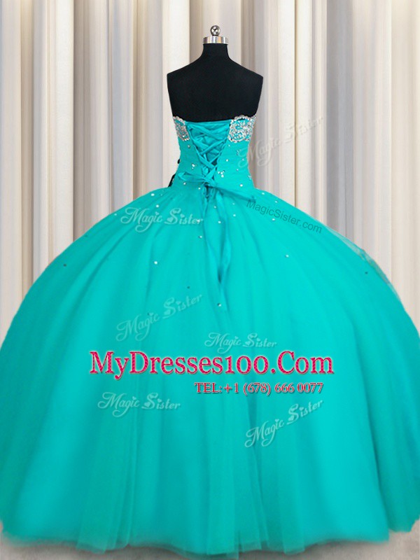 Inexpensive Sequins Ball Gowns 15 Quinceanera Dress Aqua Blue Strapless Tulle Sleeveless Floor Length Lace Up