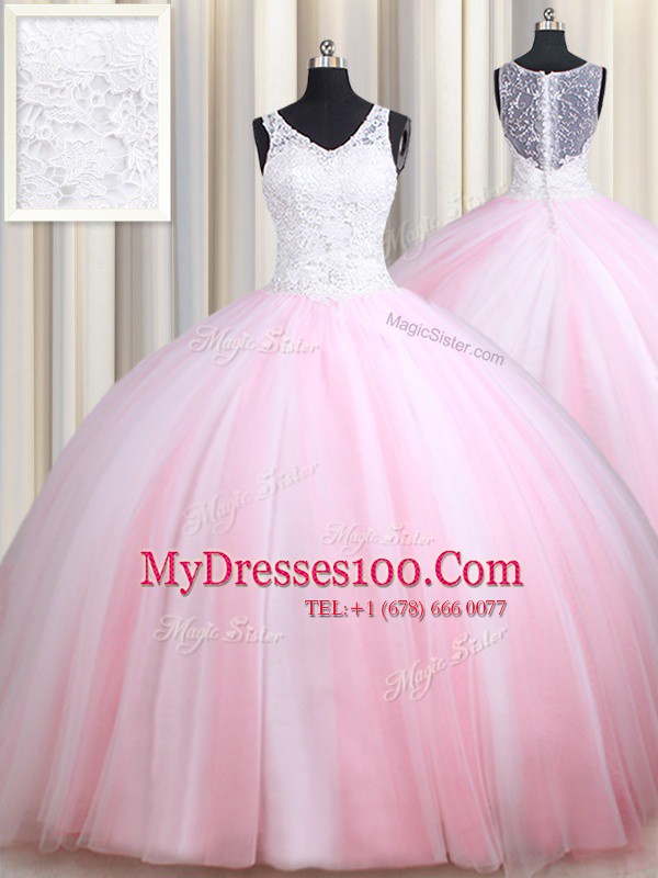 Straps Sleeveless Tulle Floor Length Zipper Sweet 16 Dresses in Pink And White with Lace