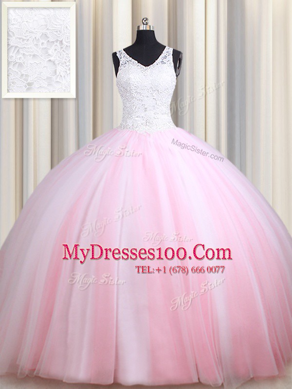 Straps Sleeveless Tulle Floor Length Zipper Sweet 16 Dresses in Pink And White with Lace