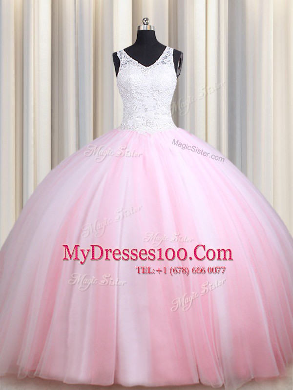 Straps Sleeveless Tulle Floor Length Zipper Sweet 16 Dresses in Pink And White with Lace
