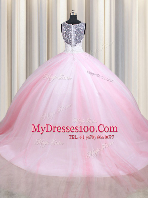 Straps Sleeveless Tulle Floor Length Zipper Sweet 16 Dresses in Pink And White with Lace