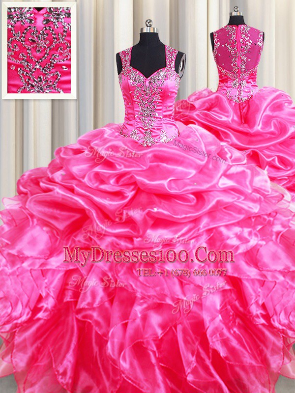 Straps Hot Pink Zipper Quinceanera Gowns Beading and Ruffles and Pick Ups Sleeveless Floor Length