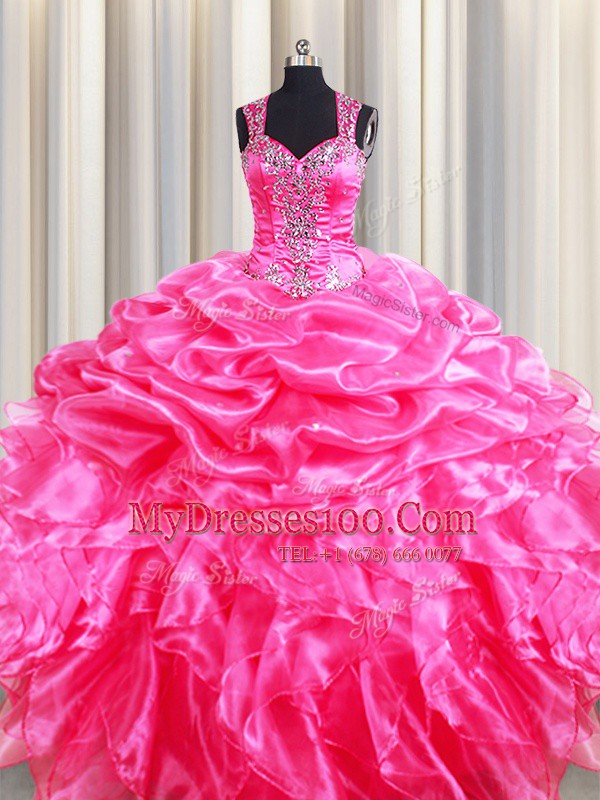 Straps Hot Pink Zipper Quinceanera Gowns Beading and Ruffles and Pick Ups Sleeveless Floor Length