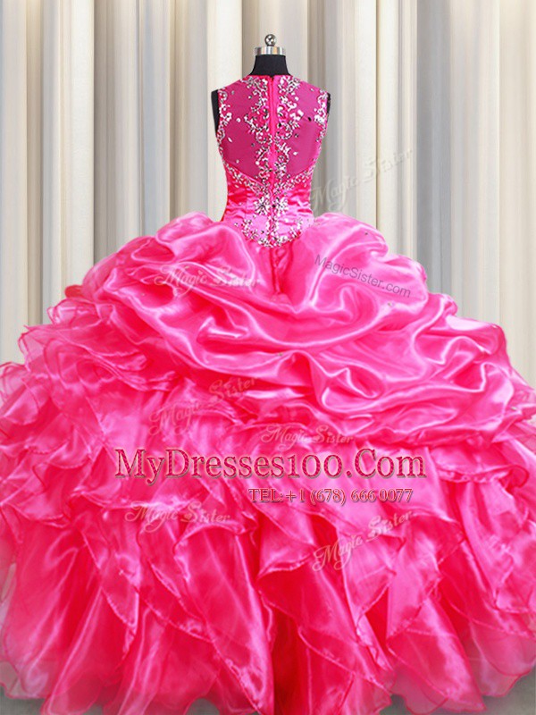Straps Hot Pink Zipper Quinceanera Gowns Beading and Ruffles and Pick Ups Sleeveless Floor Length